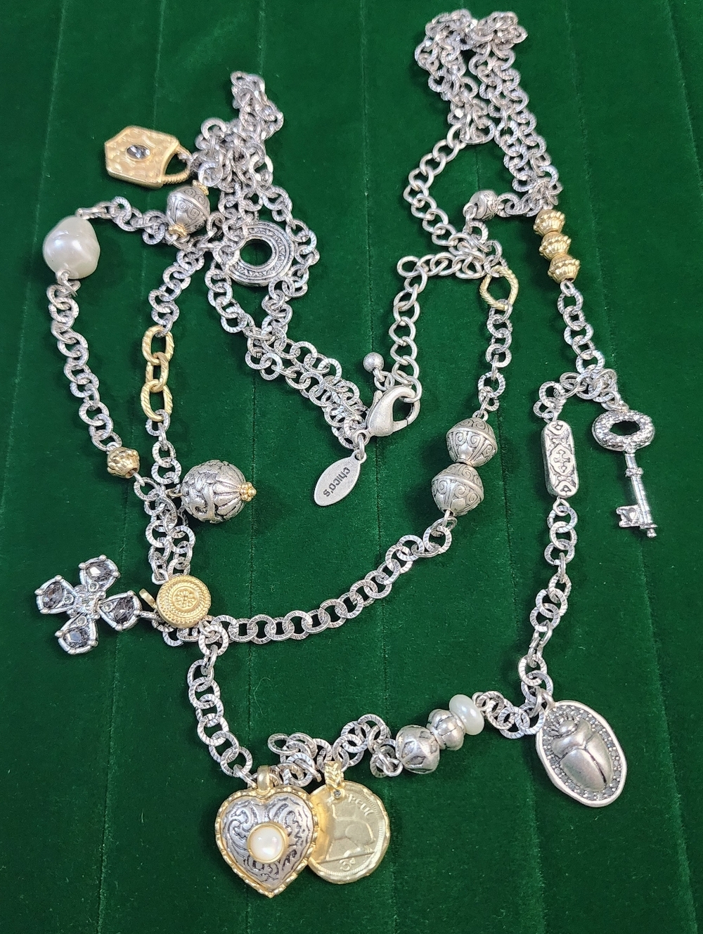 Vintage 1980s Chico’s Charm Necklace Layered Silver Gold Mixed Metal Statement